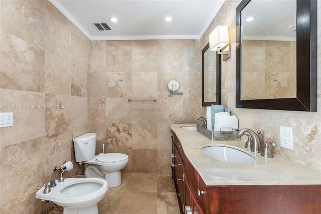 bathroom featuring tile walls, visible vents, ornamental molding, a bidet, and a sink