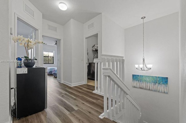 hallway featuring an inviting chandelier and dark hardwood / wood-style flooring