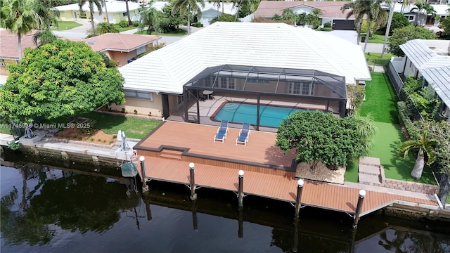 aerial view with a water view and a residential view