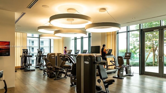 650 NE 32nd St Unit 2105, Miami, FL 33137 - gym featuring a wall of windows, french doors, healthy amount of natural light, and wood finished floors