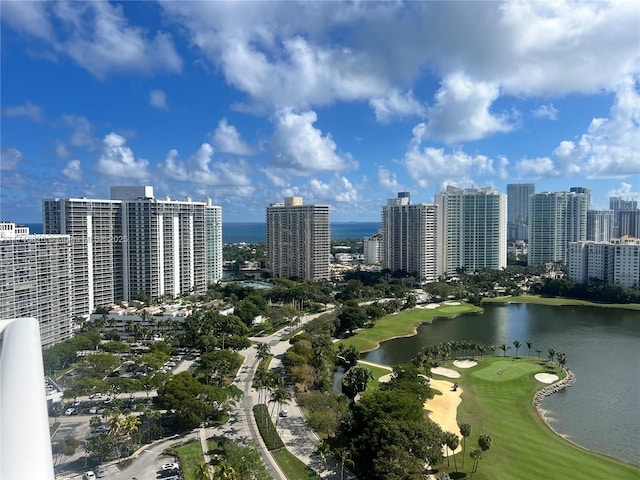 bird's eye view with a water view and a view of city