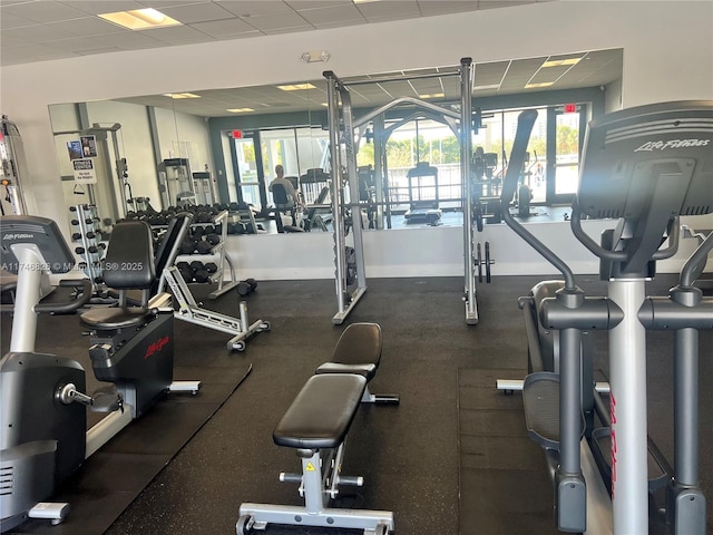 workout area featuring a wealth of natural light and a drop ceiling