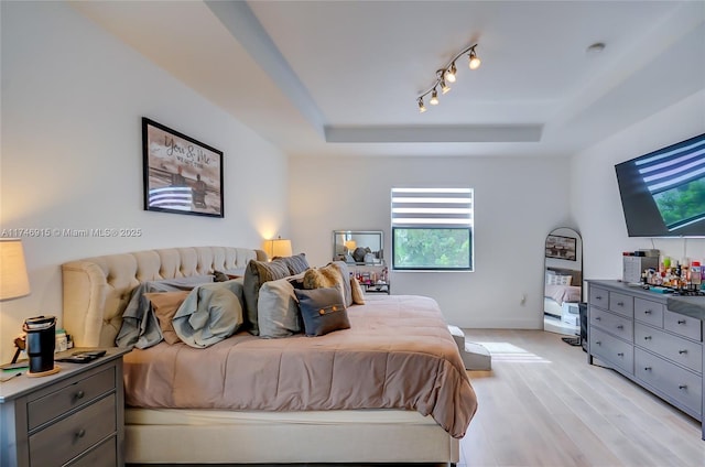 bedroom featuring track lighting, light hardwood / wood-style flooring, and a tray ceiling