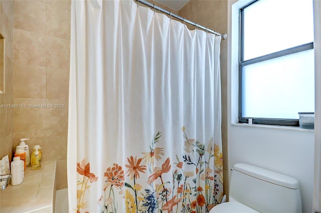 bathroom featuring toilet, walk in shower, and plenty of natural light