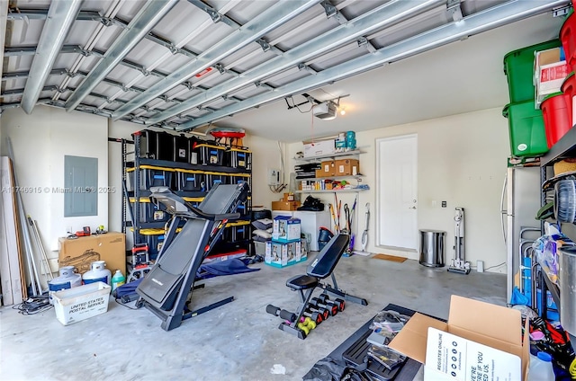 garage with electric panel and a garage door opener