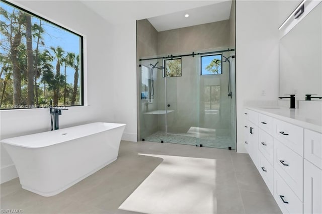 bathroom featuring vanity and plus walk in shower