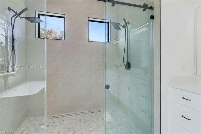 bathroom with vanity and walk in shower