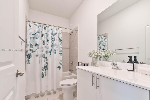 bathroom with toilet, shower / tub combo, tile patterned floors, and vanity