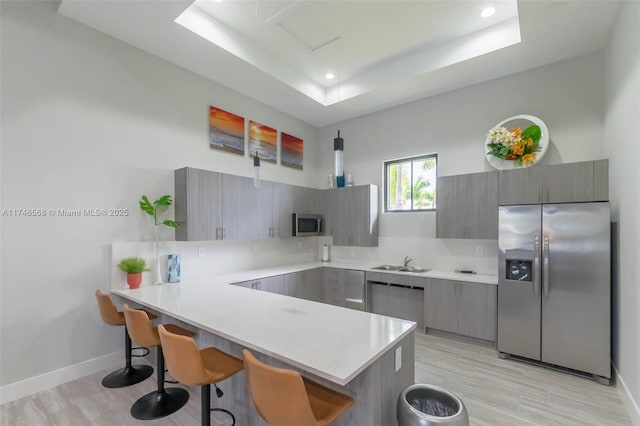 kitchen with a peninsula, stainless steel appliances, light countertops, and a raised ceiling