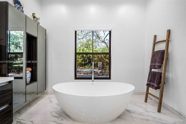 bathroom featuring vanity and a washtub