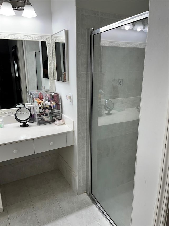 bathroom featuring a shower stall, tile patterned flooring, and vanity