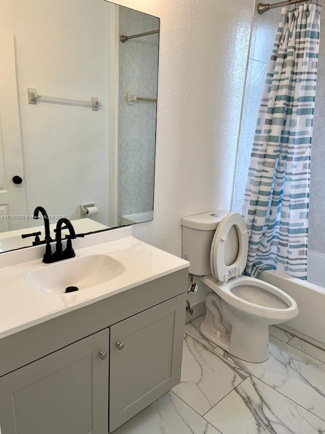 full bathroom with toilet, shower / bath combination with curtain, and vanity