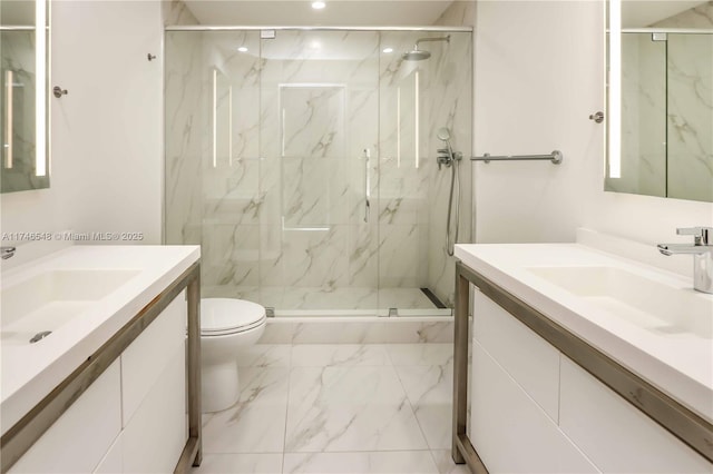 bathroom featuring toilet, vanity, and walk in shower