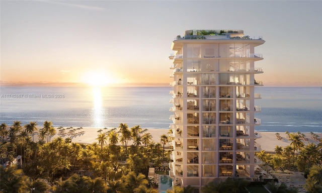 outdoor building at dusk with a water view