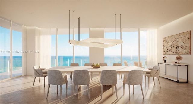 dining space featuring a water view, plenty of natural light, and floor to ceiling windows