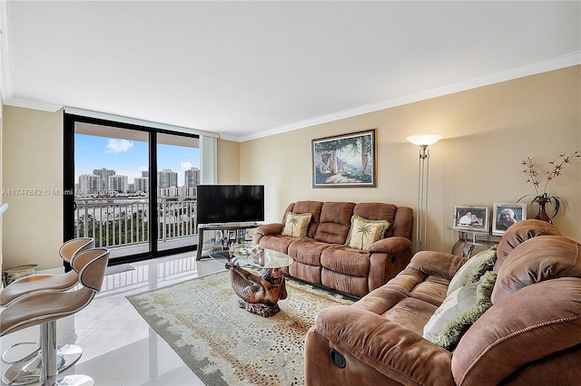 tiled living room featuring ornamental molding and expansive windows