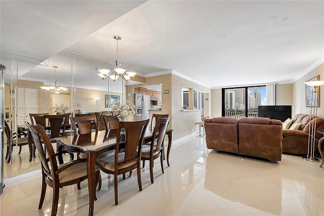 tiled dining area featuring a chandelier and crown molding