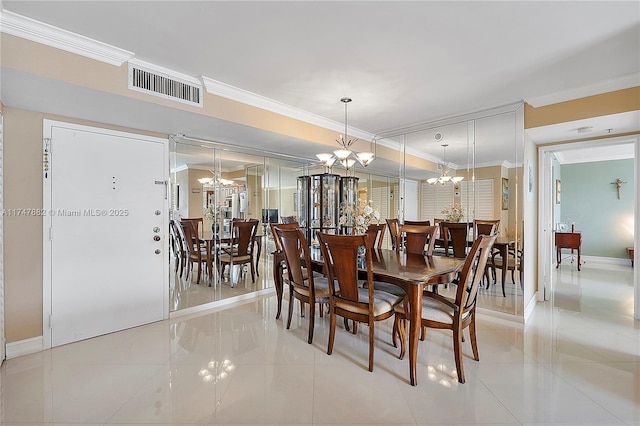 dining space featuring light tile patterned flooring, an inviting chandelier, and ornamental molding