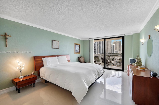 tiled bedroom with ornamental molding, access to exterior, and a textured ceiling