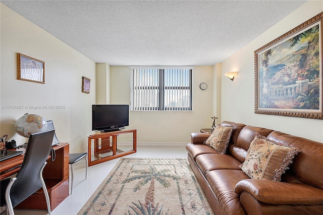 living room with a textured ceiling