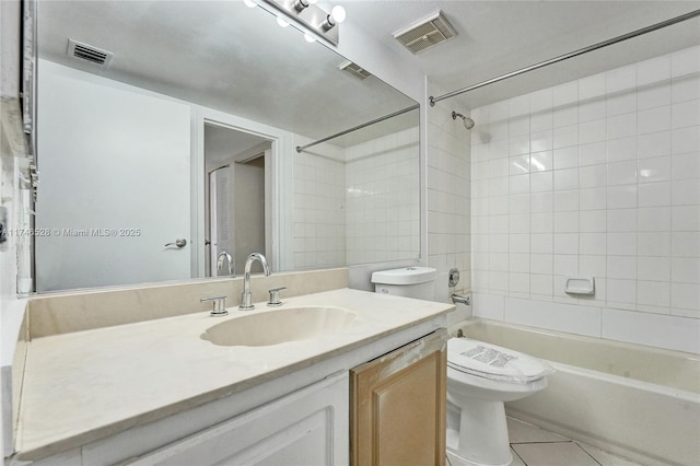 full bath featuring toilet, tub / shower combination, tile patterned flooring, and visible vents