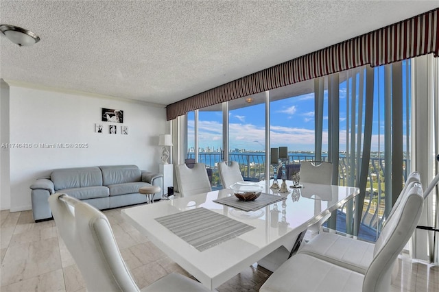 dining area featuring a water view and a textured ceiling