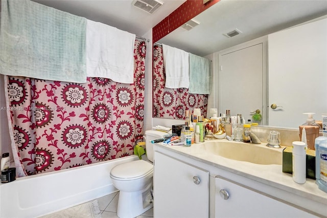 full bathroom with shower / bath combination with curtain, vanity, toilet, and tile patterned floors