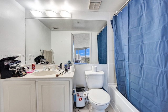 full bathroom with toilet, shower / bath combo, and vanity