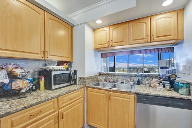 kitchen featuring appliances with stainless steel finishes, sink, light stone counters, crown molding, and light brown cabinets