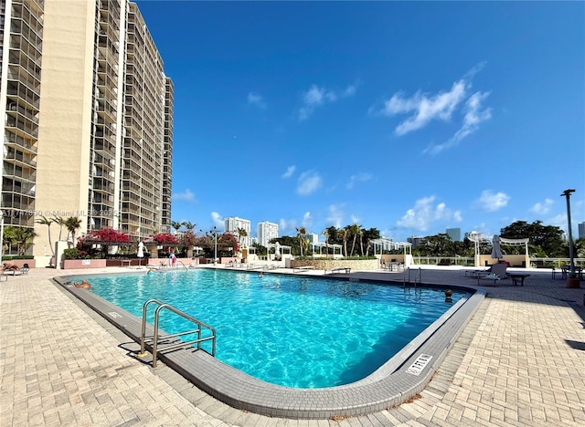 view of swimming pool featuring a patio