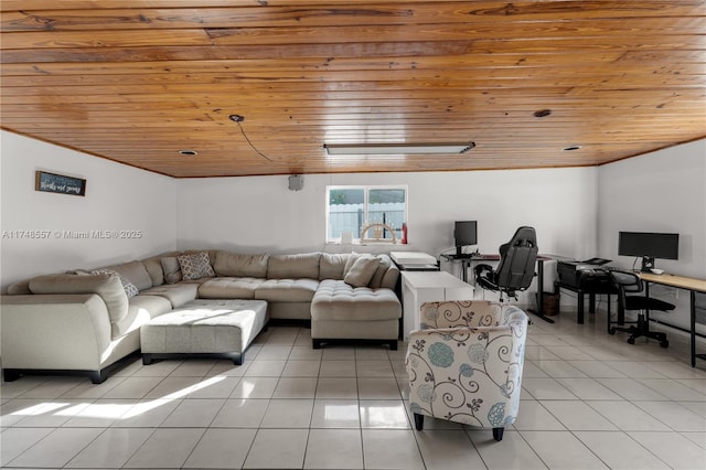 living area featuring light tile patterned floors and wood ceiling
