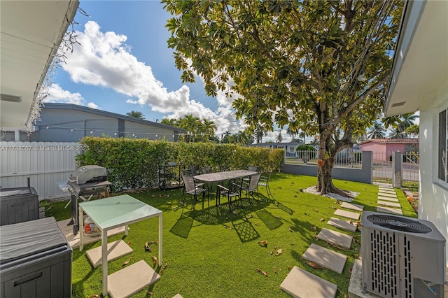 view of yard with central AC and a fenced backyard