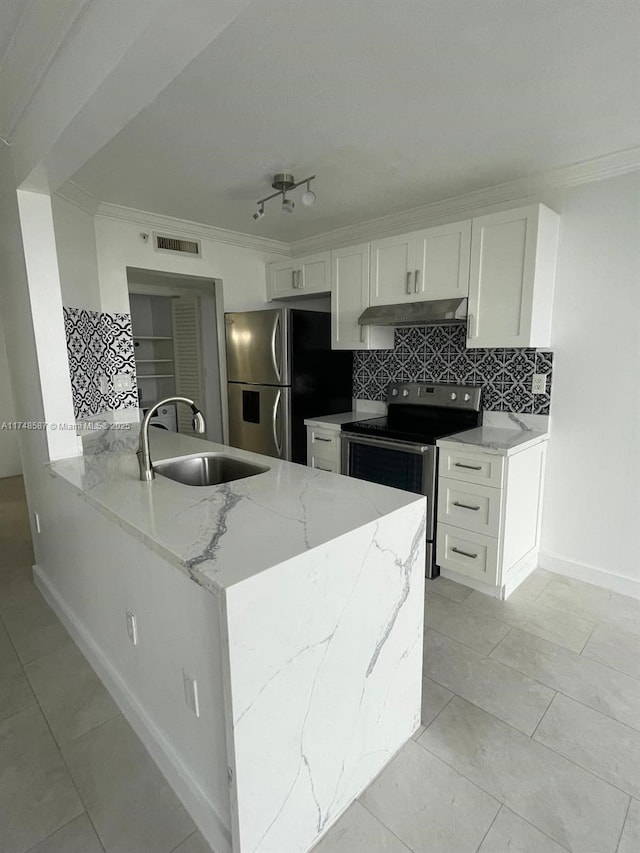 kitchen featuring sink, stainless steel appliances, kitchen peninsula, white cabinets, and light stone countertops