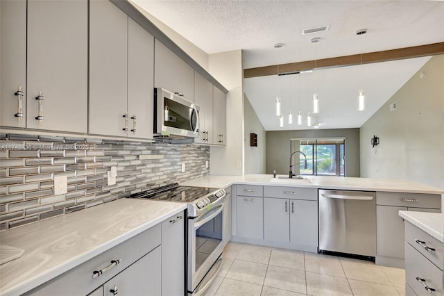 kitchen featuring appliances with stainless steel finishes, sink, pendant lighting, kitchen peninsula, and tasteful backsplash