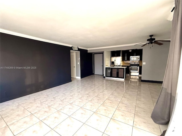 unfurnished living room featuring light tile patterned floors, visible vents, ornamental molding, and a ceiling fan