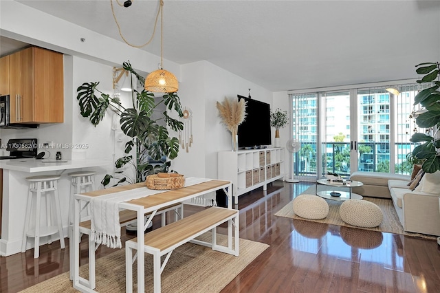 dining space featuring dark hardwood / wood-style flooring and expansive windows