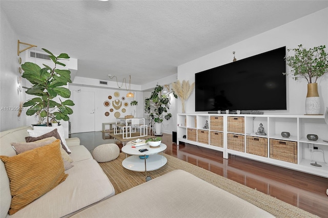 living room featuring a textured ceiling