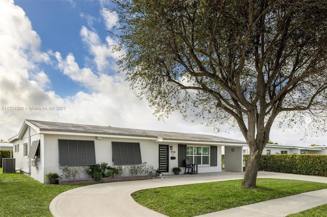 back of house featuring stucco siding, central air condition unit, a lawn, and curved driveway