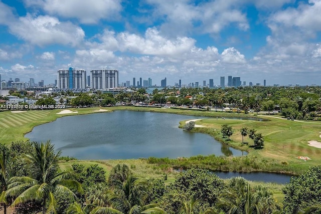 property view of water featuring a view of city and golf course view