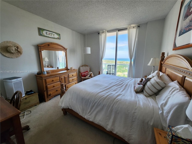 bedroom featuring access to outside, carpet flooring, and a textured ceiling