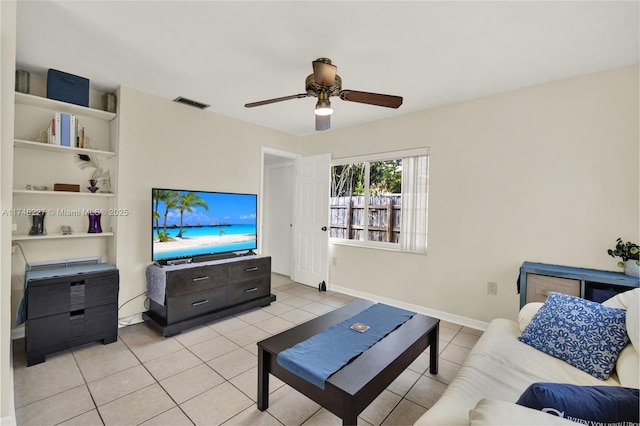 living room featuring ceiling fan, baseboards, visible vents, and light tile patterned floors