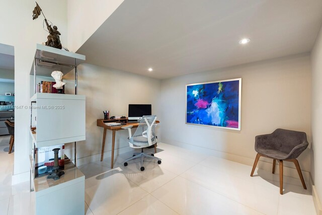 tiled home office with recessed lighting