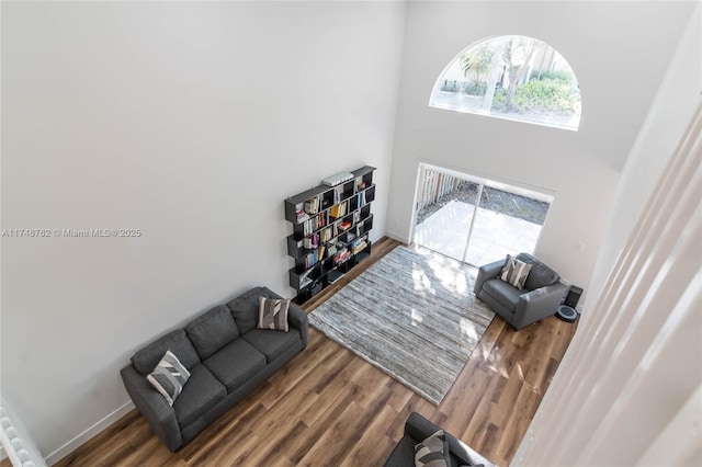 living area with a high ceiling, baseboards, and wood finished floors