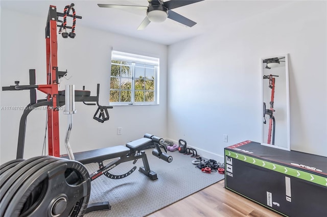 workout area featuring baseboards, wood finished floors, and a ceiling fan
