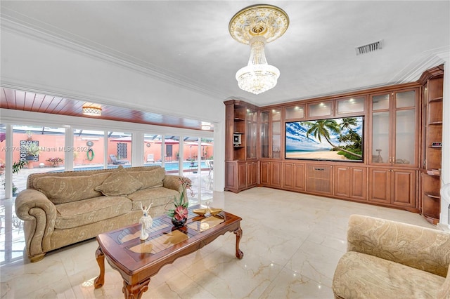 living room with marble finish floor, visible vents, and crown molding