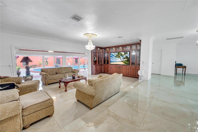 living area with baseboards, marble finish floor, visible vents, and crown molding