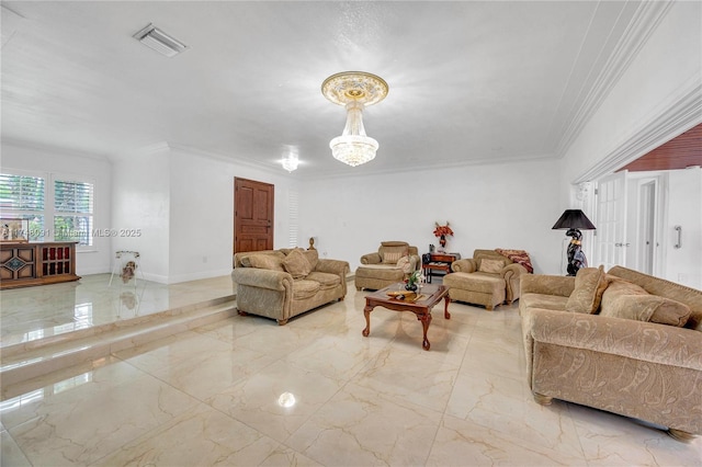 living room with marble finish floor, visible vents, a chandelier, and ornamental molding