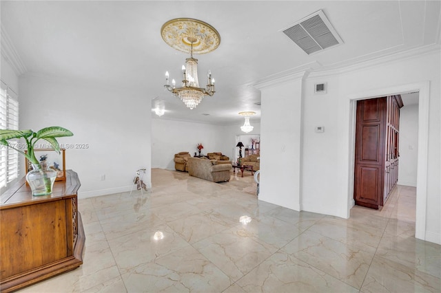 unfurnished dining area featuring marble finish floor, ornamental molding, visible vents, and baseboards