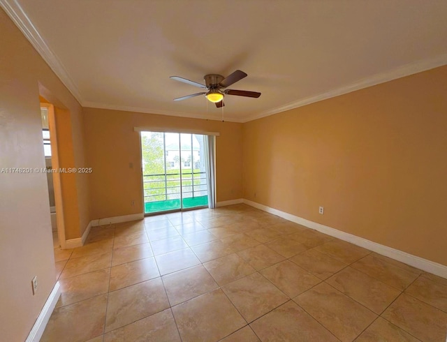 empty room with baseboards, ornamental molding, a ceiling fan, and light tile patterned flooring