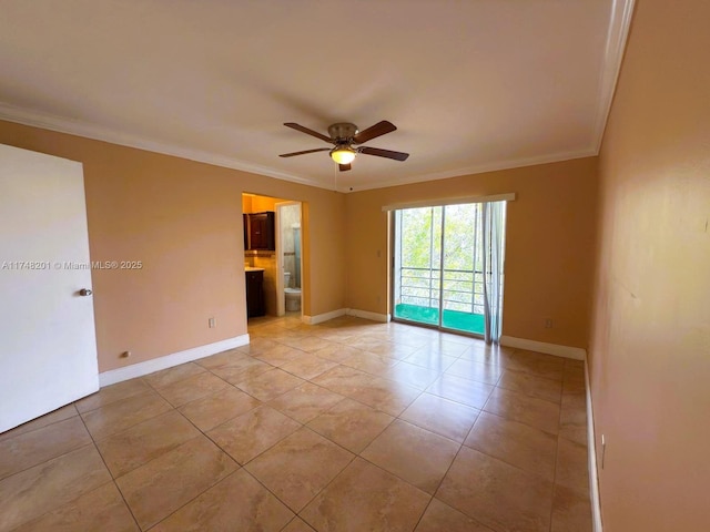 empty room featuring ceiling fan, baseboards, crown molding, and light tile patterned flooring